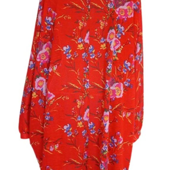 Gili Womens Cardigan Red Floral Open Front Longline Relaxed Fit Slub Knit L - Picture 2 of 2